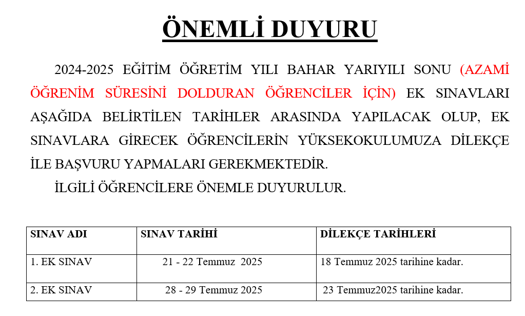 2025 Ek Sınav Duyurusu detayı için tıklayınız