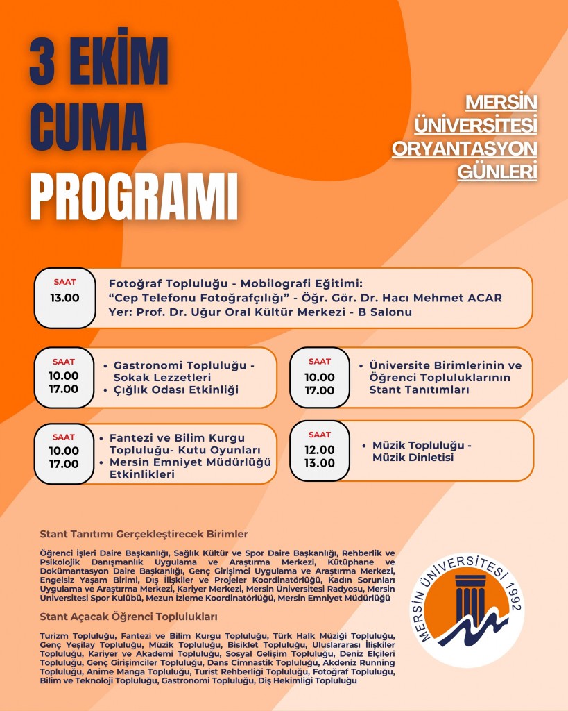Mersin Üniversitesi 2025-2026 Eğitim Öğretim Yılı Oryantasyon Günleri Programı detayı için tıklayınız