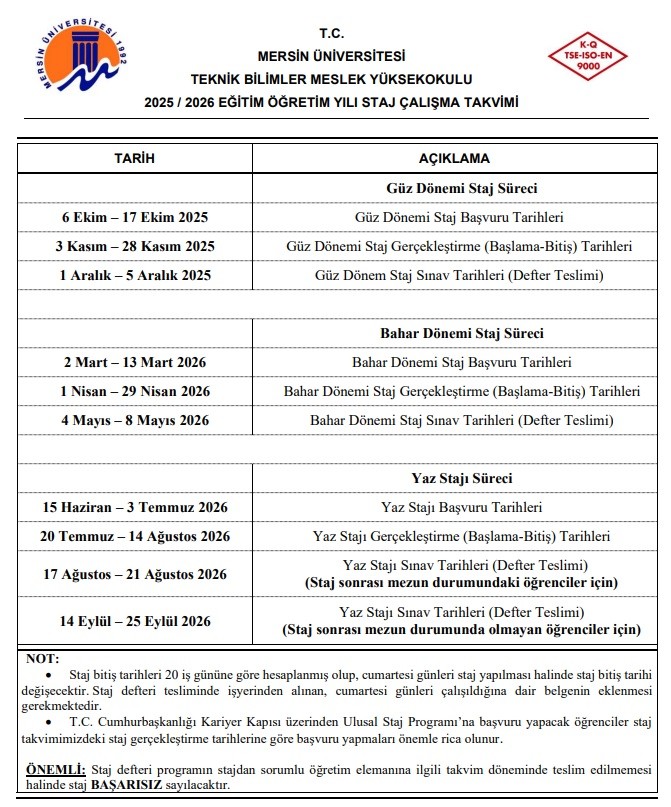 2025-2026 Staj Takvimi detayı için tıklayınız
